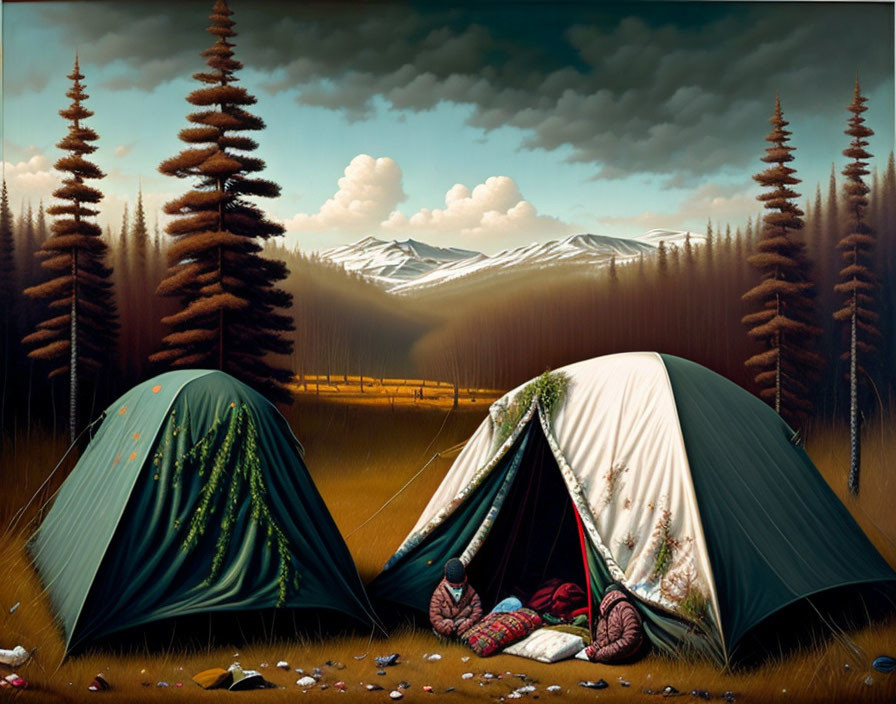 Forest clearing with two tents, snowy mountains, dusky sky