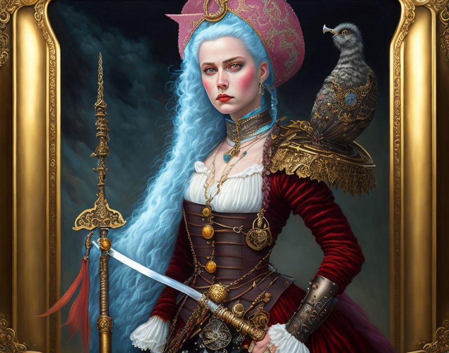 Stoic woman in pirate costume with tricorn hat, sword, and parrot on shoulder