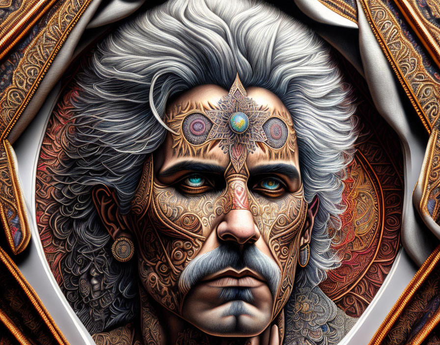 Detailed digital artwork of a man with intricate tribal tattoos and designs.