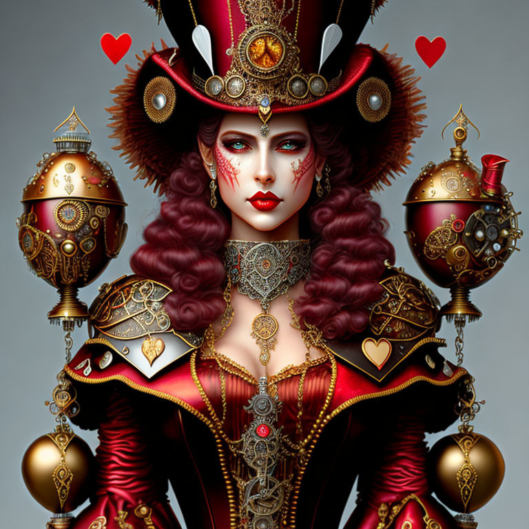 Detailed fantasy artwork featuring a woman in ornate red-and-gold attire with intricate jewelry and a commanding