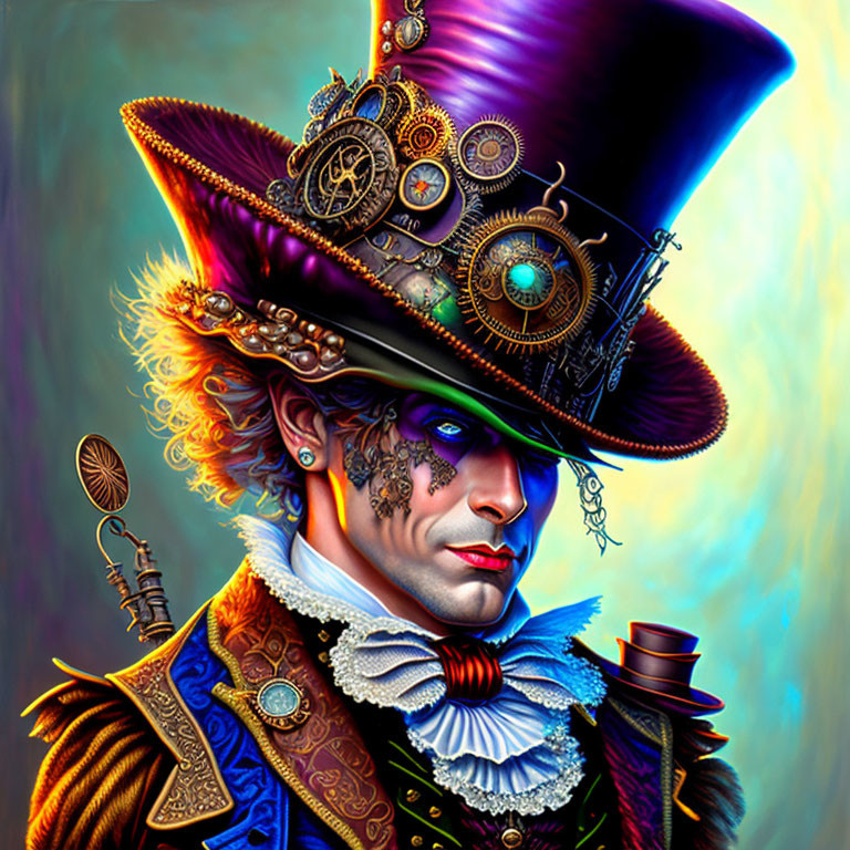 Steampunk-themed digital artwork of a person in gear-adorned attire