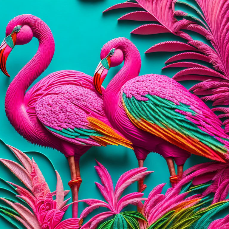 Colorful Digital Art: Stylized Pink Flamingos in Intricate Feathers, Teal