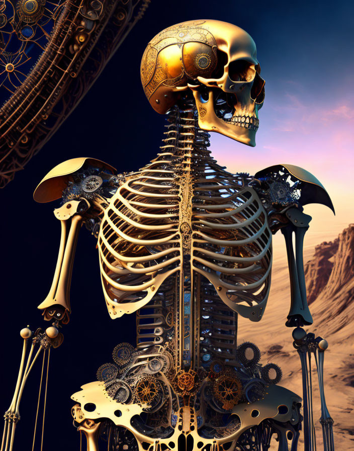 Steampunk robotic skeleton with golden skull and gears in desert setting