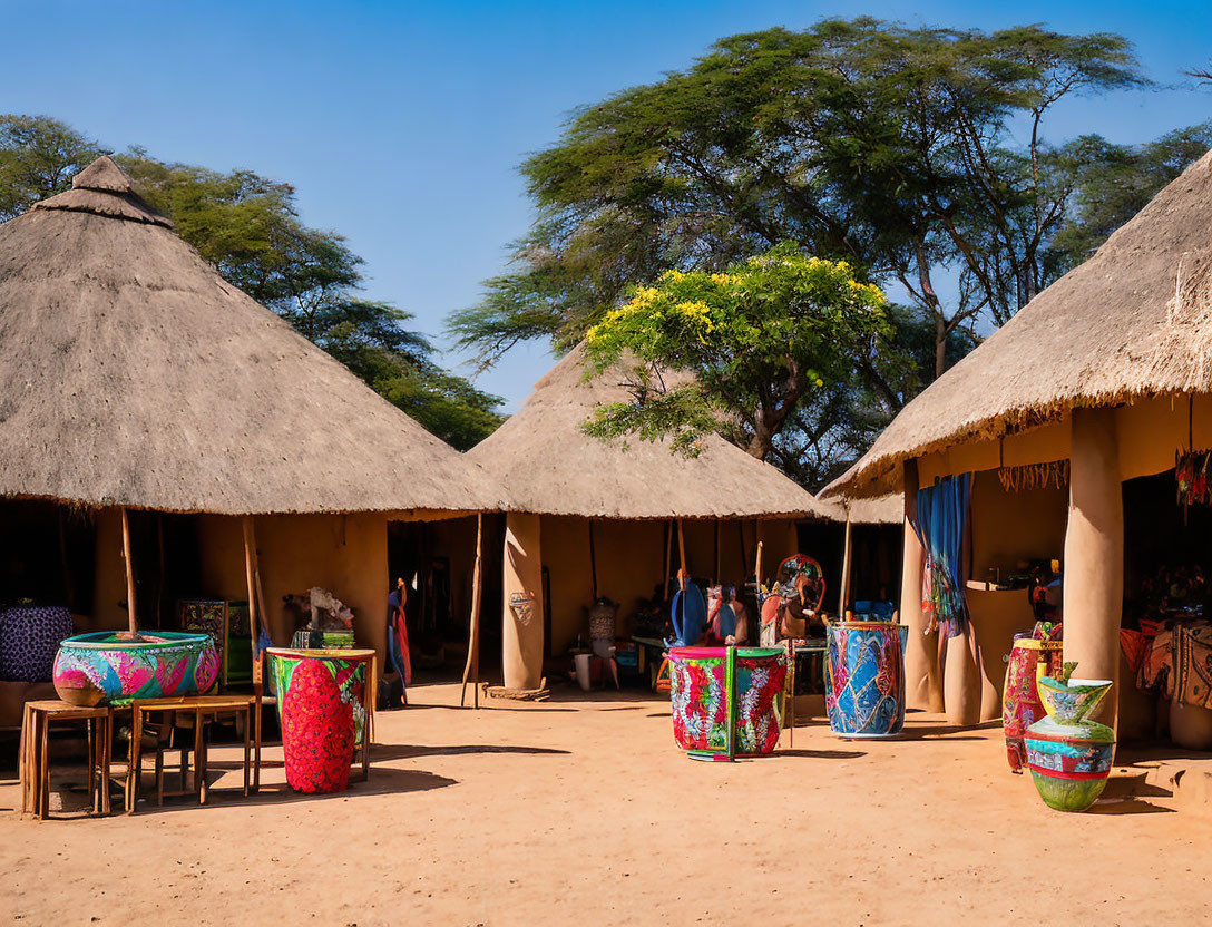 Colorful African Market Scene with Crafts and Thatched Huts Under Blue Sky