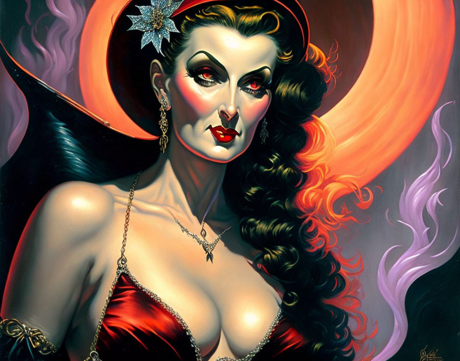 Stylized portrait of woman with dark hair and red lips in red dress and black cape against fiery