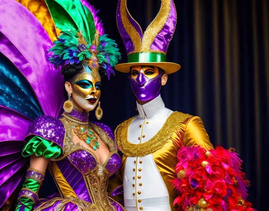 Vibrant carnival costumes with masks and feathers