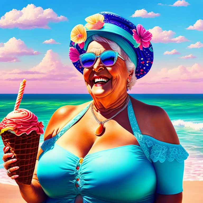 Elderly woman in blue swimsuit and headscarf laughing with ice cream at the beach