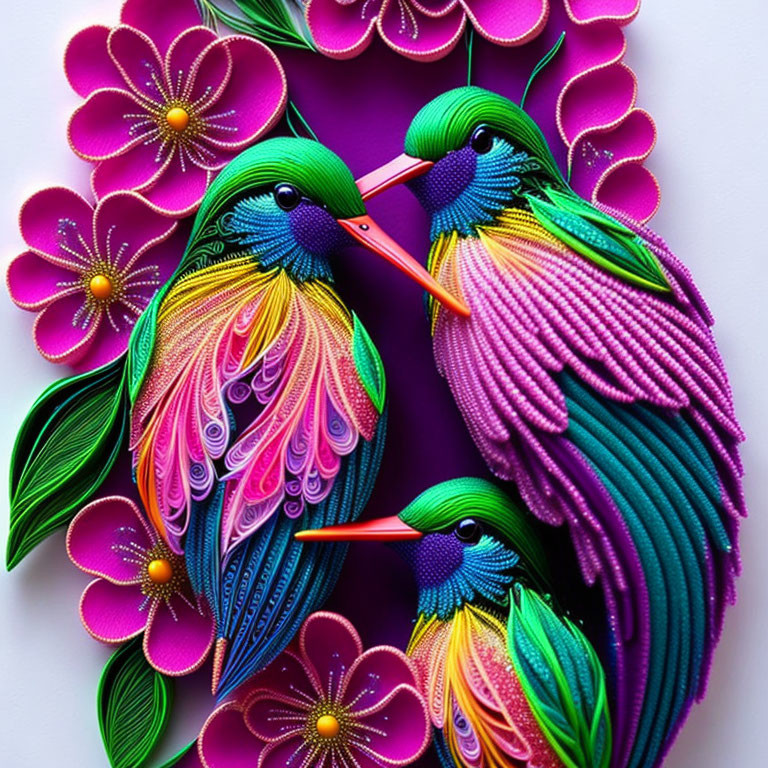 Colorful Paper Art: Two Hummingbirds with Flowers