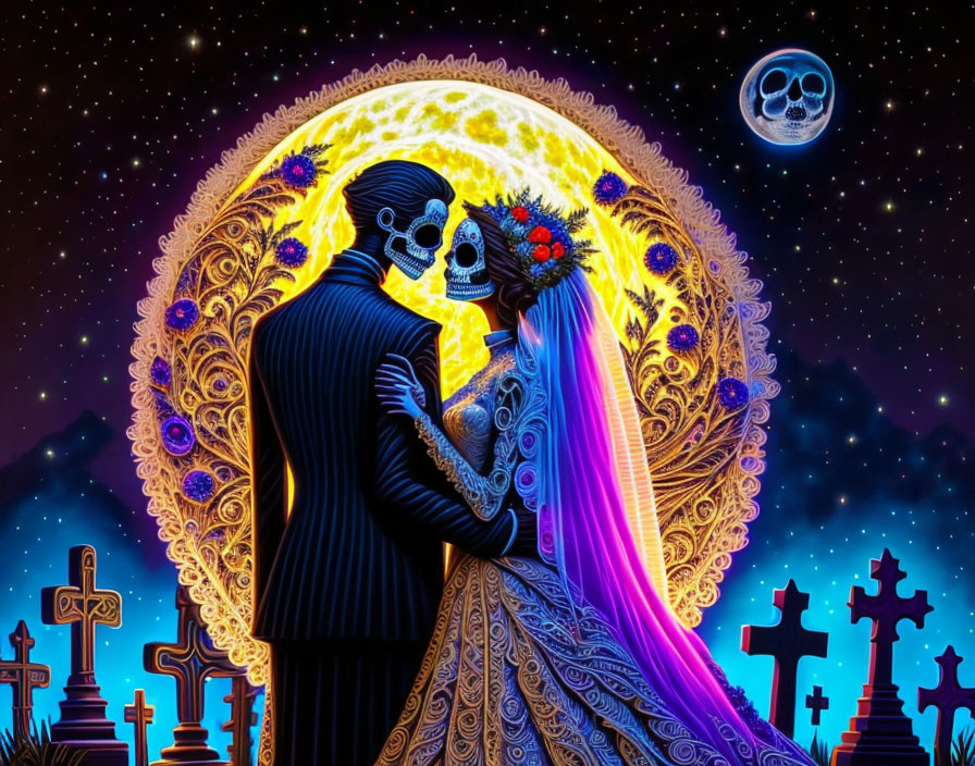 Colorful Dia de los Muertos-inspired skull-faced couple embracing under full moon.