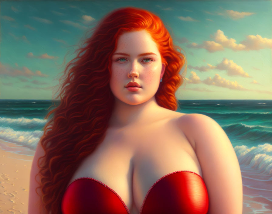 Digital portrait of woman with red hair and blue eyes on beach backdrop