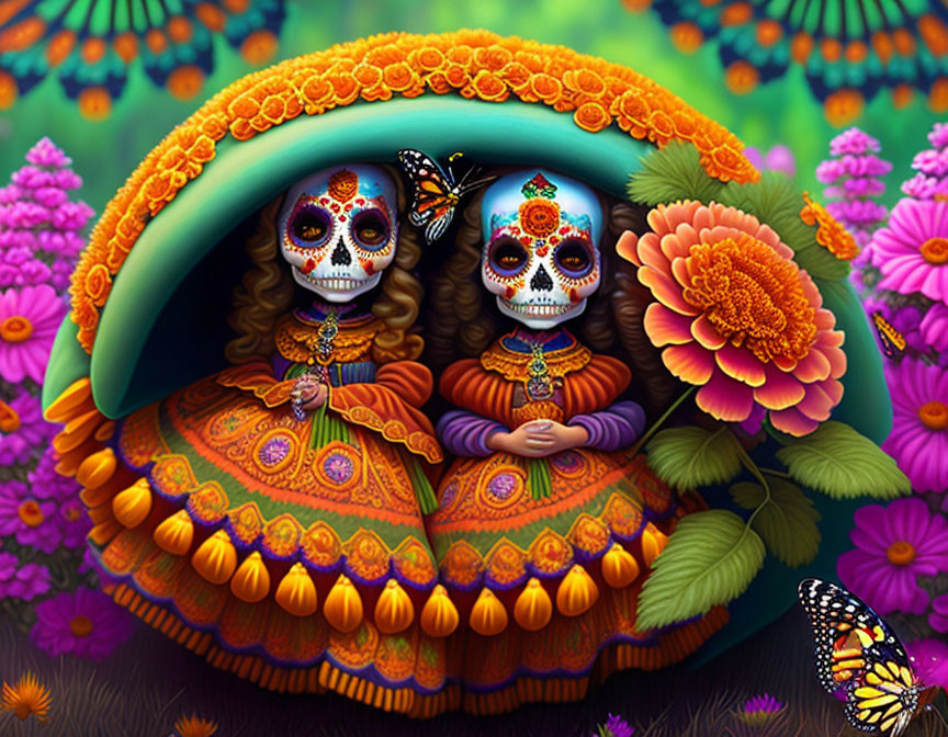 Dia de los Muertos celebration with painted skull faces and vibrant flowers