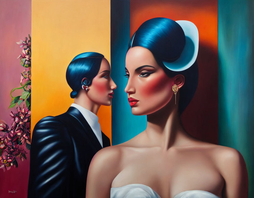 Vibrant painting of two stylized women in elegant attire