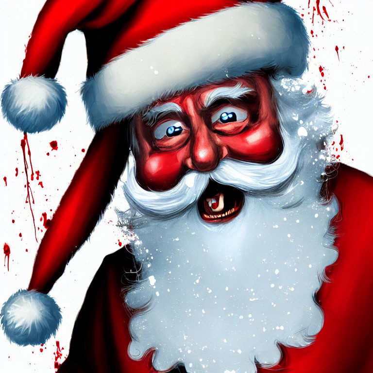 Sinister Santa Claus with Sharp Teeth and Blood Splatters