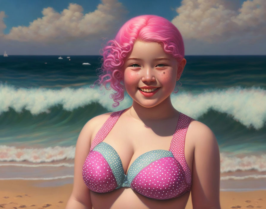 Smiling girl with pink curly hair in polka-dot bikini on beach with waves and boats