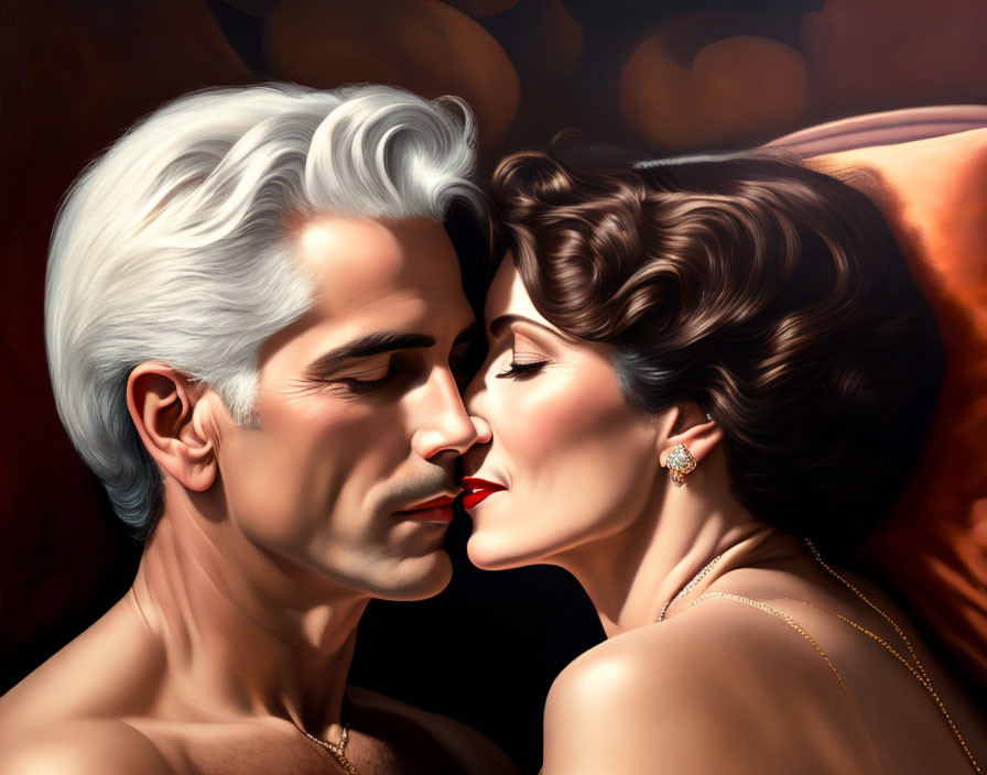 Intimate stylized portrait of man with white hair and woman with dark hair