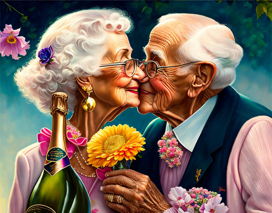 Elderly couple kissing with sunflower and champagne in vibrant floral setting