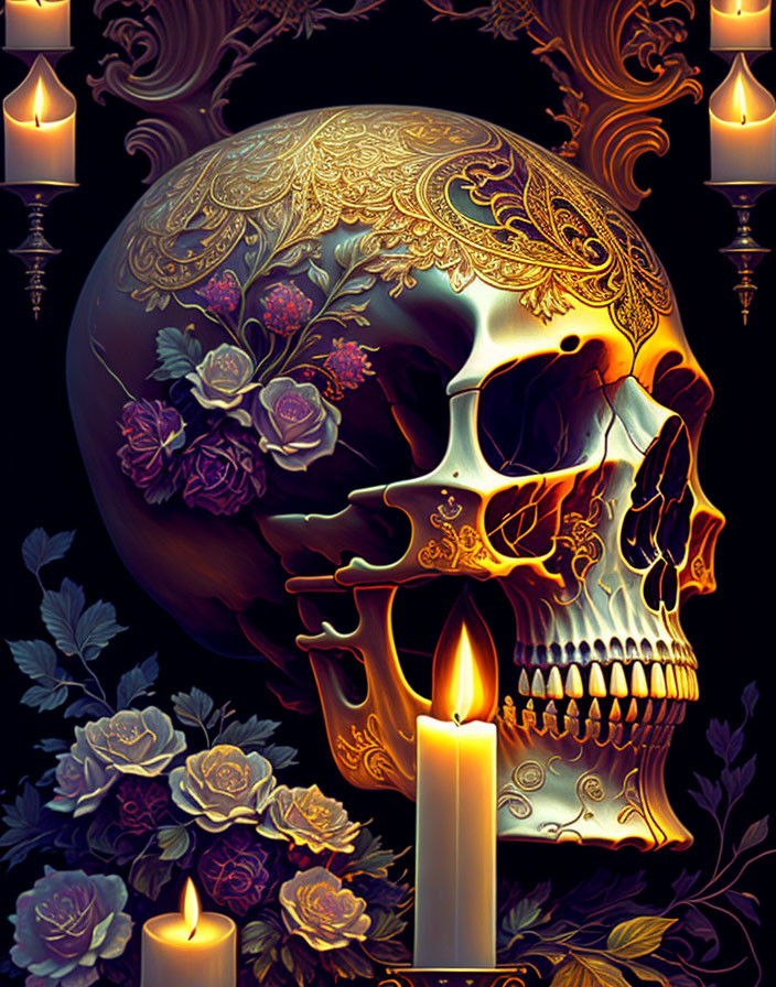 Intricate golden skull with candles, roses, and foliage on black background