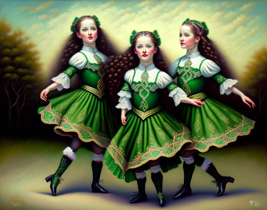 Three female figures in green Irish dance costumes with white and gold embroidery, posed on grassy field.
