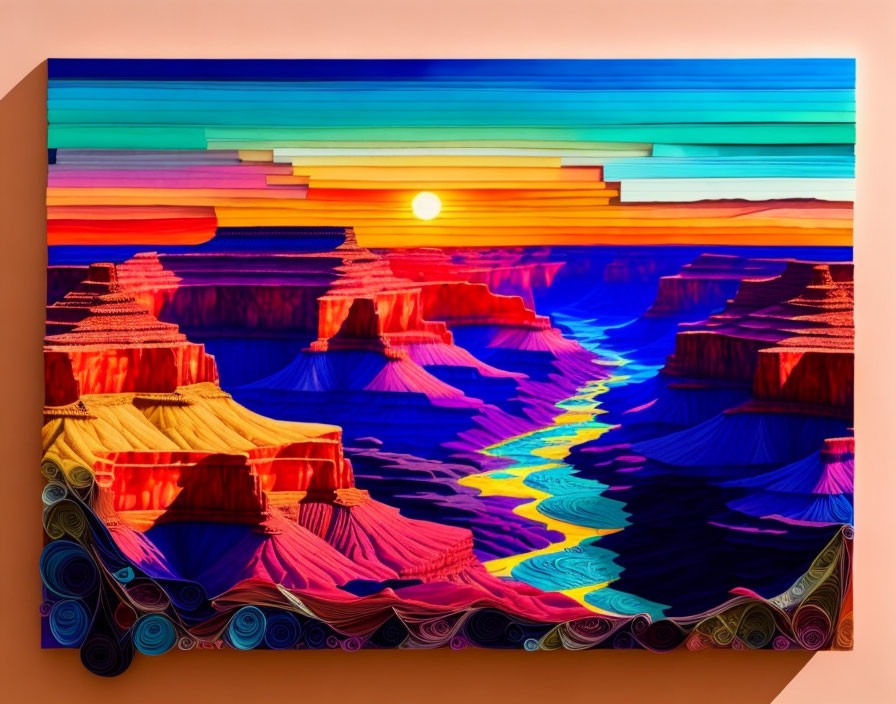 Colorful digital artwork: Stylized canyon with layered rocks, river, and sunset sky