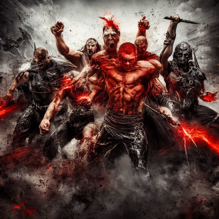 Four fierce warriors in combat with central figure in red and glowing hands, surrounded by debris.