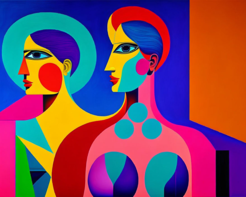 Vibrant abstract painting: stylized female figures, geometric shapes, bold colors