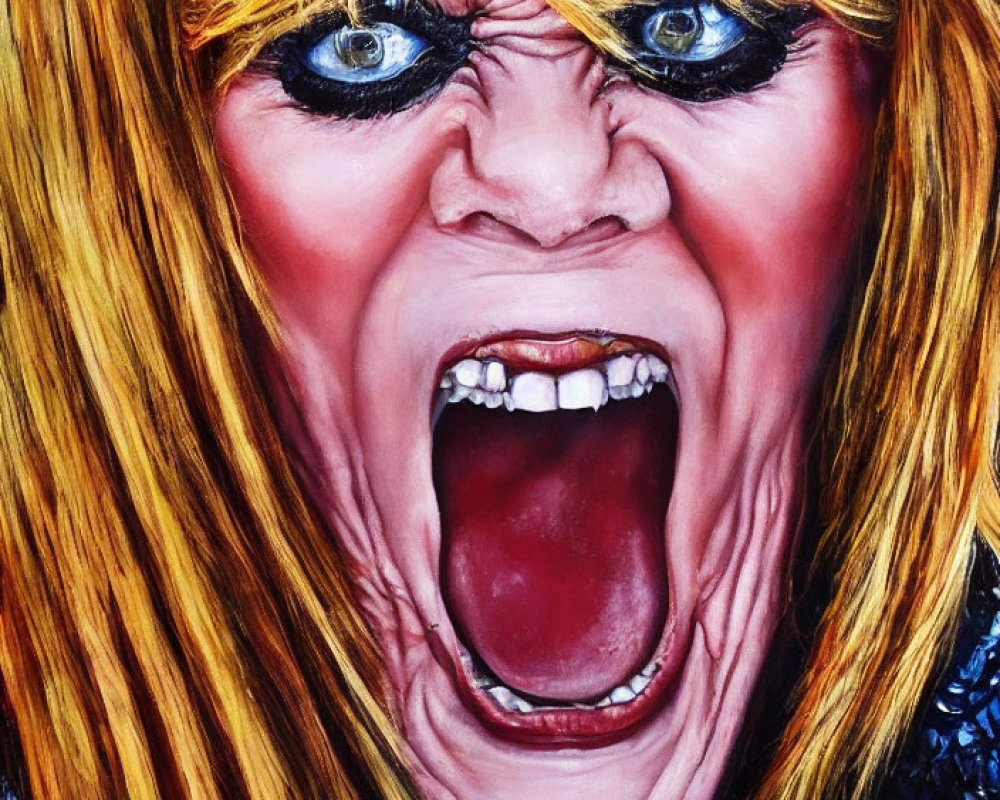 Vivid painting of person with long blonde hair and dark eye makeup screaming