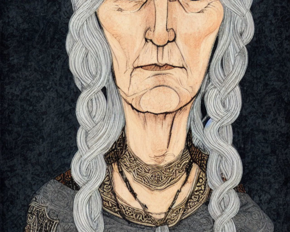 Elder woman with long gray hair in red and black medieval attire