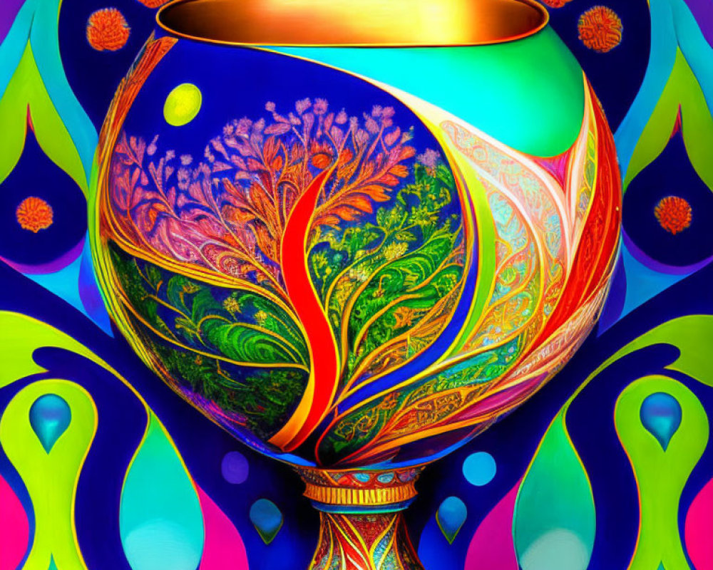 Colorful Psychedelic Artwork: Golden Glass Orb, Fractal Tree, Blue & Purple Background