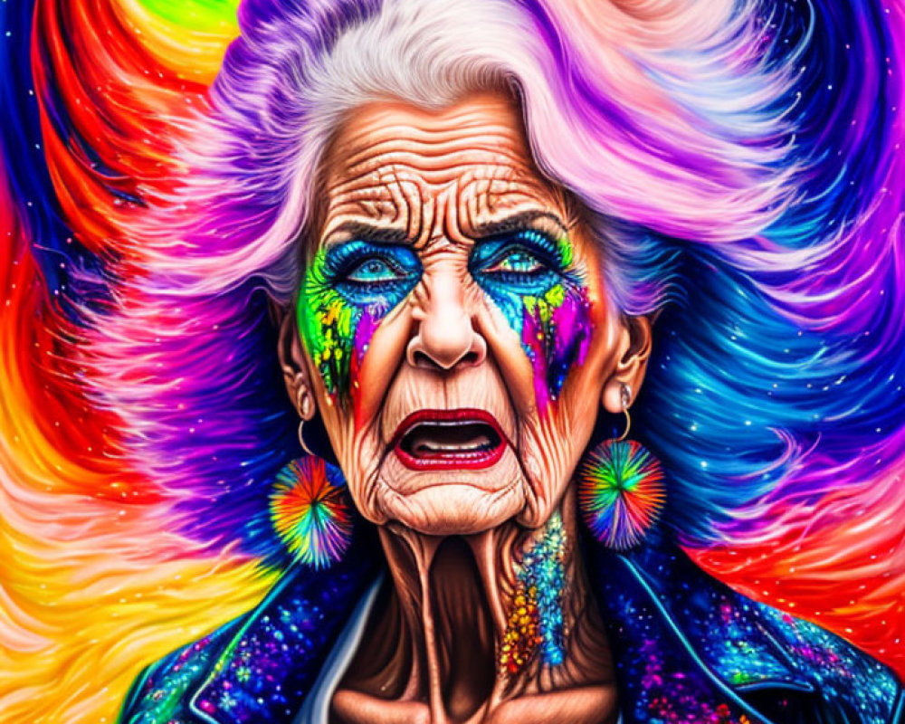 Elderly Woman with Rainbow Hair and Cosmic Jacket on Multicolored Background