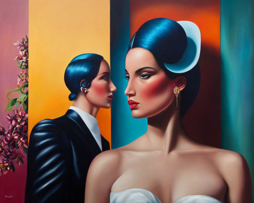 Vibrant painting of two stylized women in elegant attire