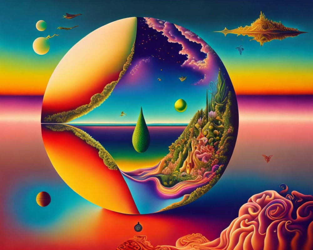 Surreal landscape with circular portal, vibrant colors, floating orbs, abstract elements, gradient sky