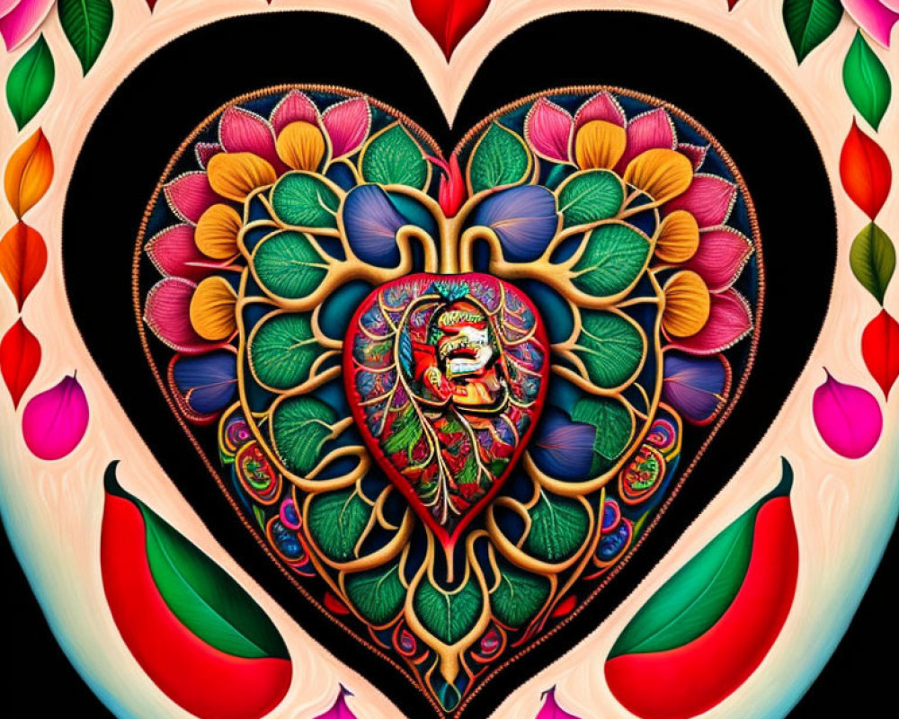 Multicolored digital artwork: intricate floral heart design on black background