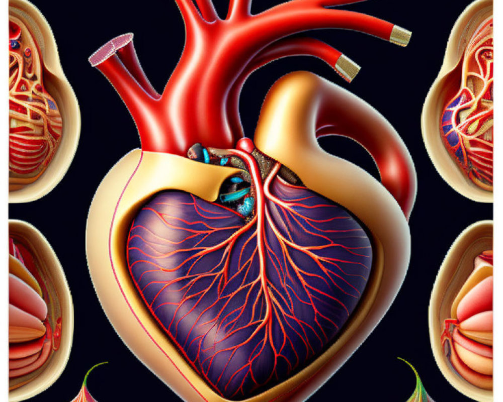 Detailed Anatomical Human Hearts Illustration on Dark Background