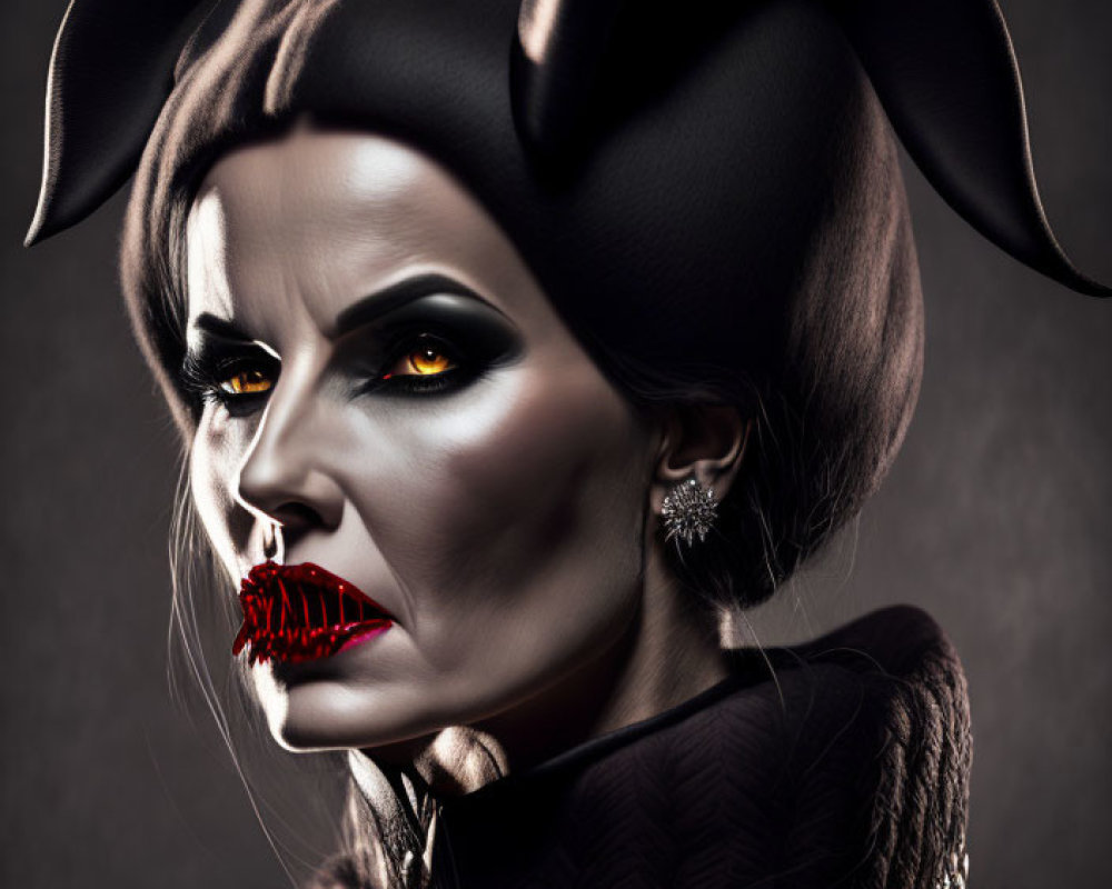 Portrait of a person with dark makeup, bat-like ears, high collar, and intense glare