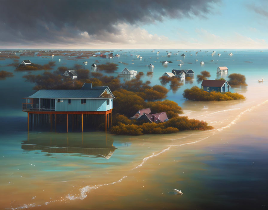 Floating houses above water in serene surreal landscape