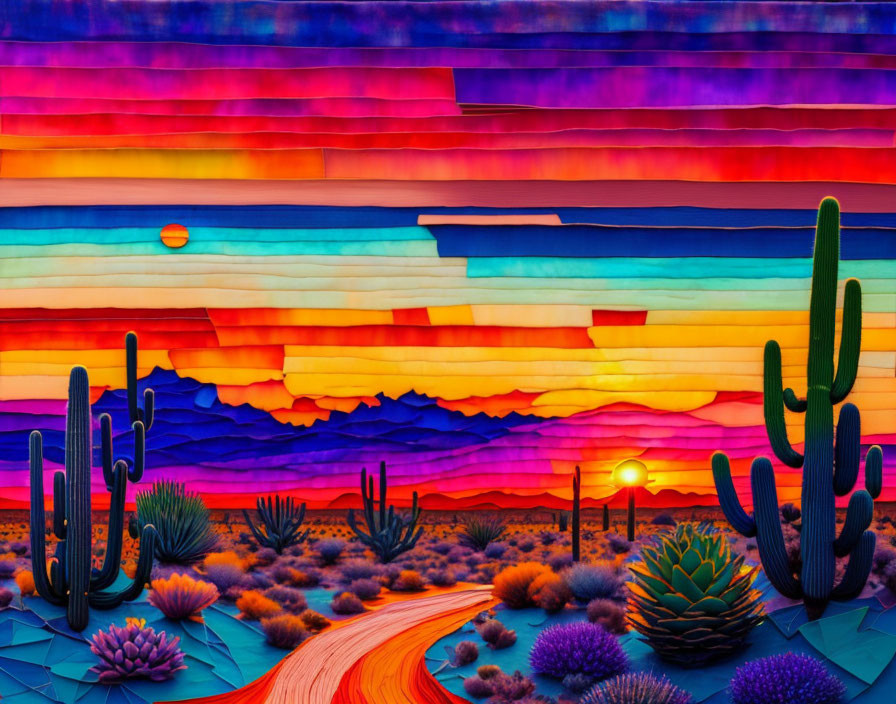 Colorful Desert Sunset Sky with Silhouetted Cacti & Winding Path