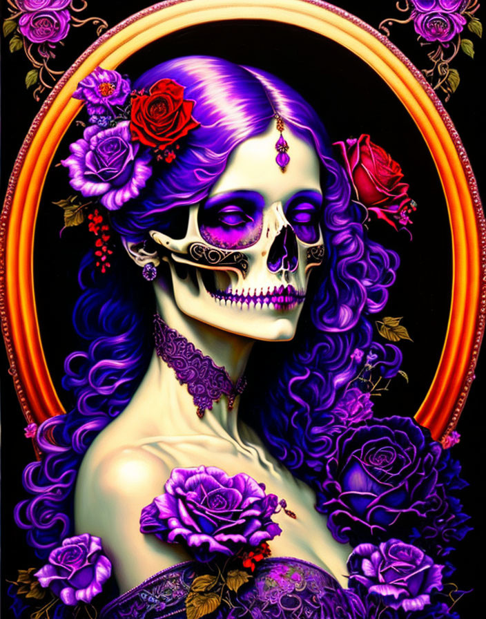 Skeleton woman surrounded by roses in purple hue and ornate details.