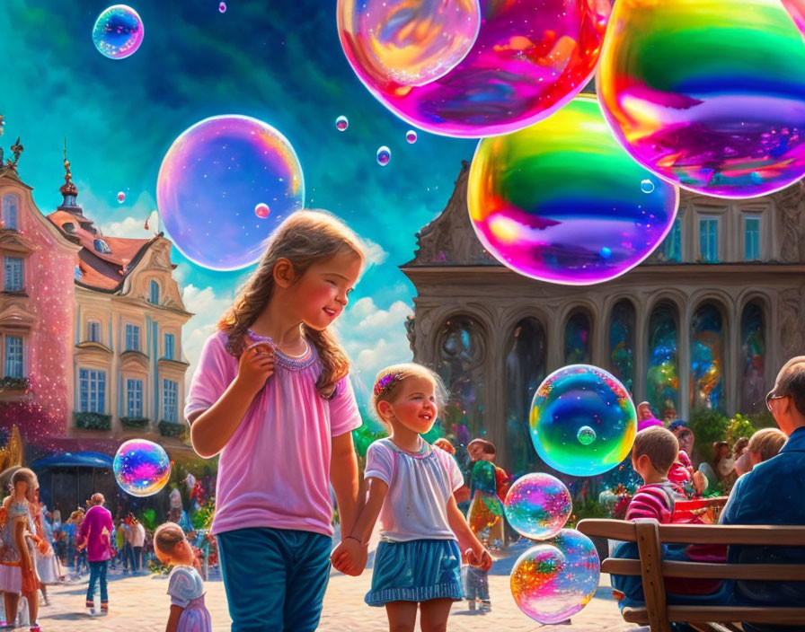 Children playing with soap bubbles in historic plaza.