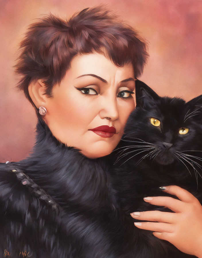 Short-haired woman with makeup holding black cat with yellow eyes