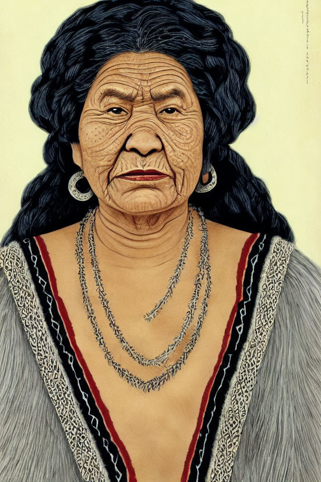 Elderly woman with long black hair and facial tattoos in traditional attire