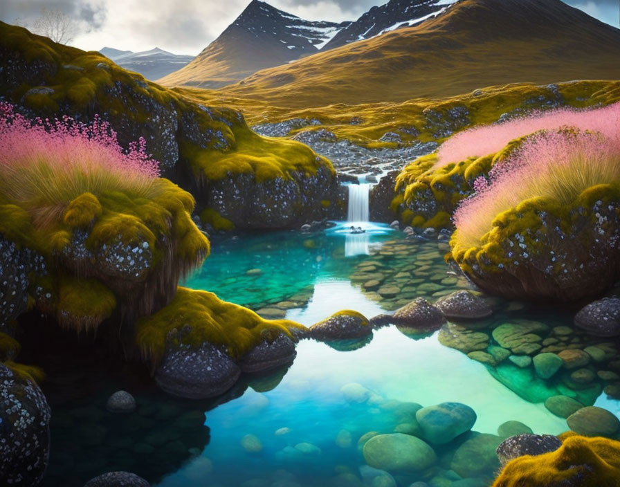 Scenic landscape with moss-covered rocks, clear stream, pink flowers, and distant mountains