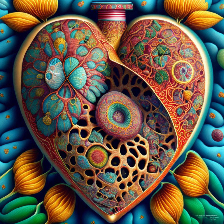 Detailed Heart-Shaped Illustration with Vibrant Colors & Patterns