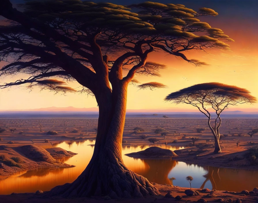 African savanna landscape at sunset with baobab tree and waterhole