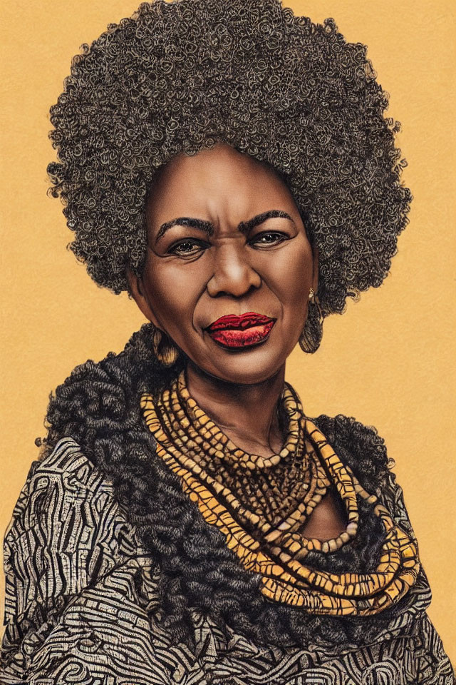 Detailed hyperrealistic drawing of woman with voluminous afro, patterned garment, necklaces on