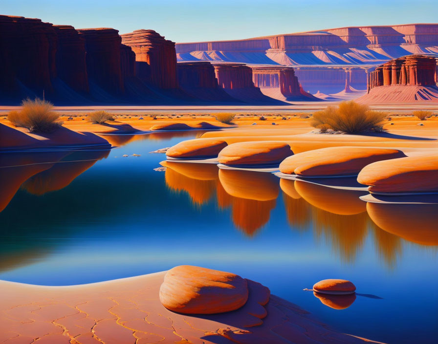 Scenic desert landscape with orange rocks, water, and cliffs