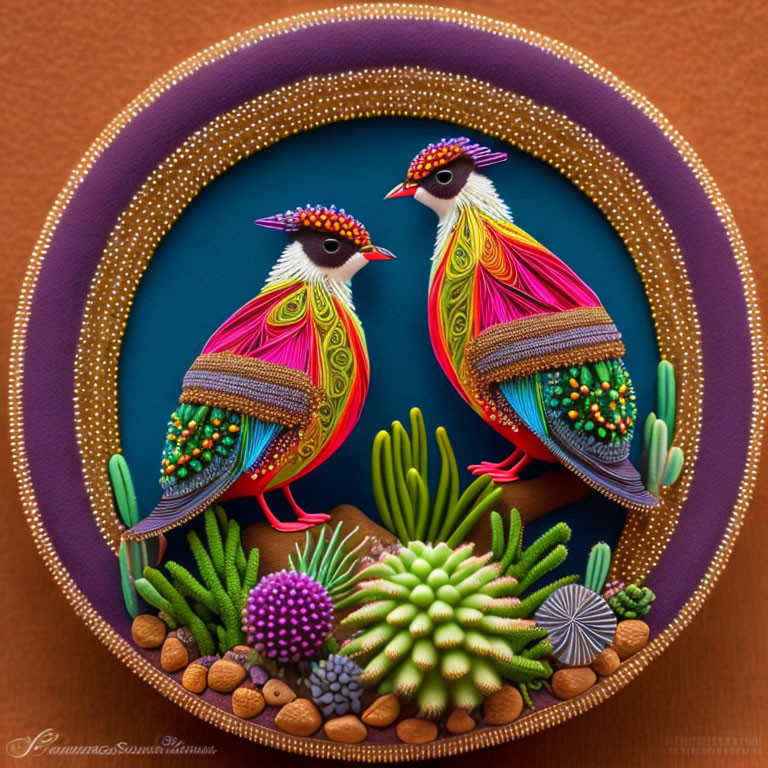 Colorful Quilled Paper Art of Two Birds in Circular Frame