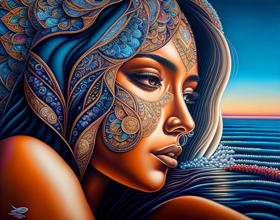 Vibrant sunset sea backdrop with woman in intricate headdress.