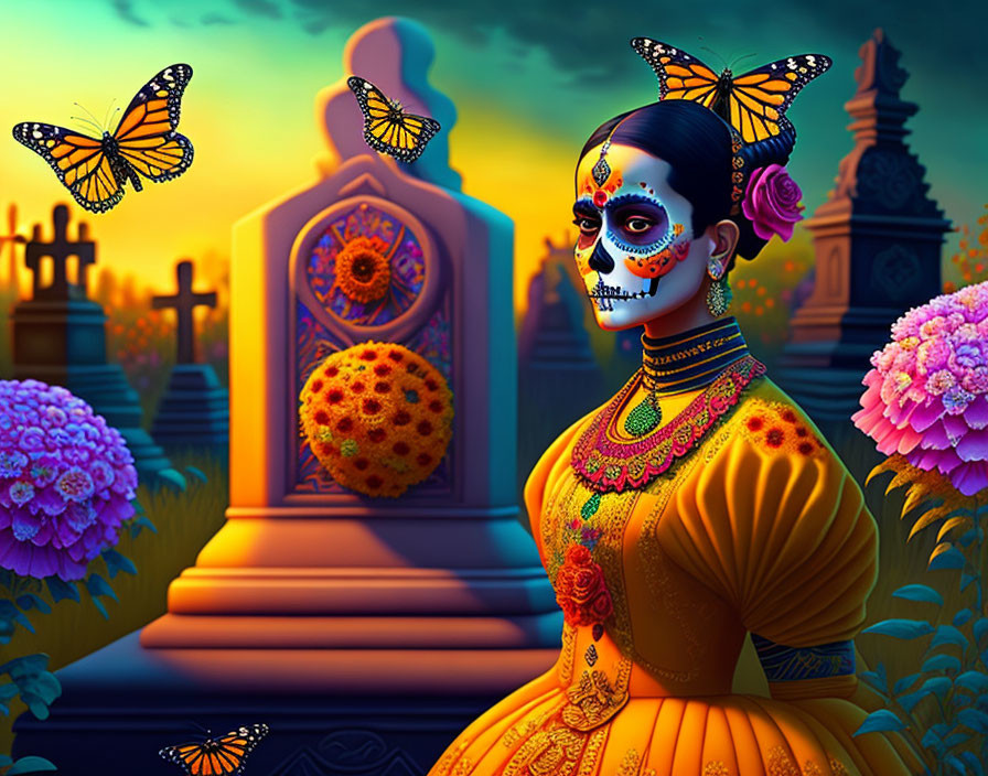 Vibrant Day of the Dead-themed cemetery illustration with woman and butterflies