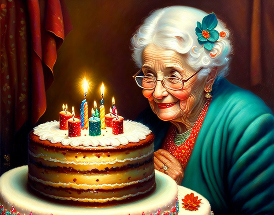 Elderly woman with glasses and gray hair smiling at birthday cake