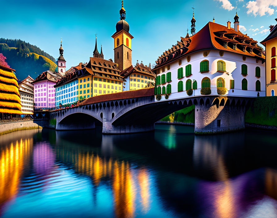 Historic bridge over river in vibrant cityscape at sunset